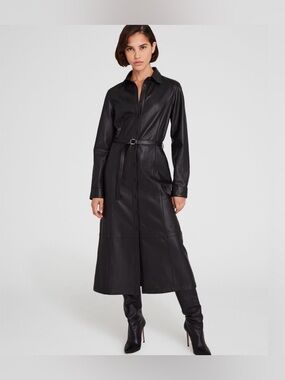 CLUB MONACO - BLACK GENUINE LEATHER Long Sleeve, belted, Midi Dress. Size: 8